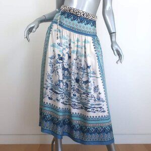 Saloni Zawe Belted Midi Skirt Porcelain Safari Print Silk Twill Size US 2